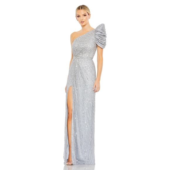 MAC DUGGAL STYLE 5622 SEQUIN  one-shoulder gown in shimmering silver sz 12 - Picture 5 of 13